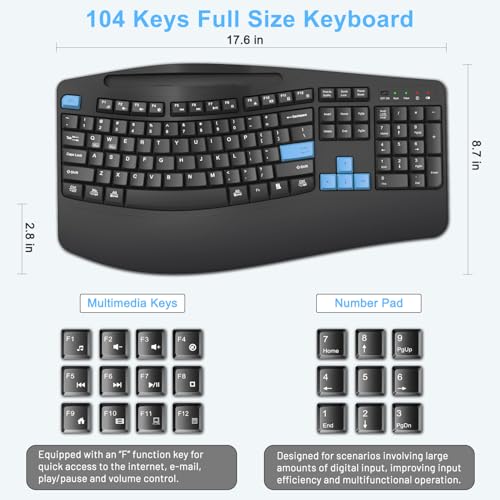 Wireless Keyboard and Mouse Combo, 2.4G Full Size Wave Keys Ergonomic Keyboard with Wrist Rest, Phone Holder, 3-Level DPI Wireless Silent Mouse with 6-Buttons, for Windows, Mac OS, Laptop (Blue Black) - color: Blue Black