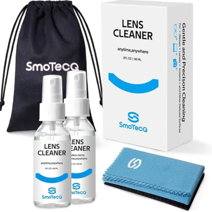 SmoTecQ Glasses Cleaner Kit – Alcohol-Free, Plant-Based Spray + Ultra-Soft Microfiber Cloths for Eyeglasses, Screens & Cameras – 2 x 2oz Spray Bottles + 2 Cloths + Travel Pouch Set