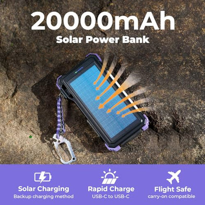 BLAVOR Solar Power Bank 20000mAh Built-in Cables, Wireless Charger for Phones & Apple Watch, 20W Fast Charging Battery Pack with USB C, Flashlight, Solar Charger for iPhone, iPad, iWatch, Samsung - color: Purple