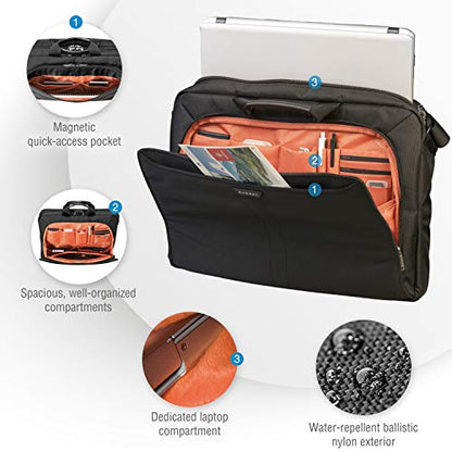 EVERKI Lunar Large Laptop Briefcase - Water-Repellent Durable Ballistic Nylon & Leather Accent Briefcase Bag, Professional Work/Gaming Laptop Bag for 18.4" Lap top, 19L Capacity (EKB417BK18) Black