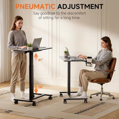 COMHOMA Adjustable Overbed Bedside Table with Lockable Wheels, Pneumatic Mobile Standing Laptop Desk, Small Standing Desk Portable Rolling Overbed Table Hospital Home Use(28" W x 16" D, Black) - color: Black, size: Small