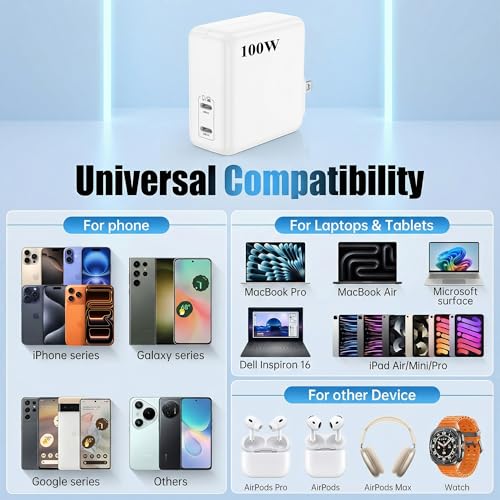 MacBook Pro Charger,2pack 2-Port and Foldable 100W USB C Charger for MacBook Air, Samsung Galaxy, iPad Pro,i phone17/16/15 and More, 6FT&10ft USB C Cable Included