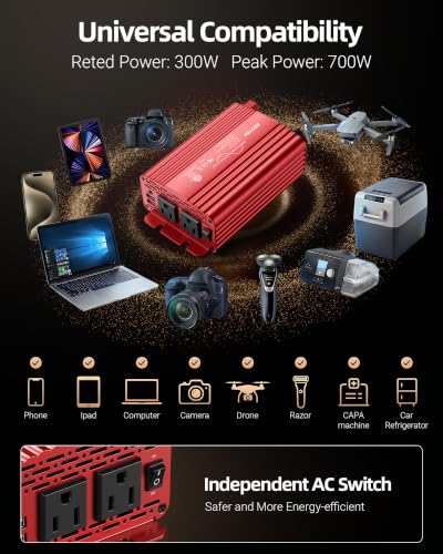 BESTEK 300Watt Pure Sine Wave Power Inverter - DC 12V to AC 110V Car Plug Inverter Adapter, Power Converter with 4.8A Dual USB Charging Ports and 2 AC Outlets Car Charger