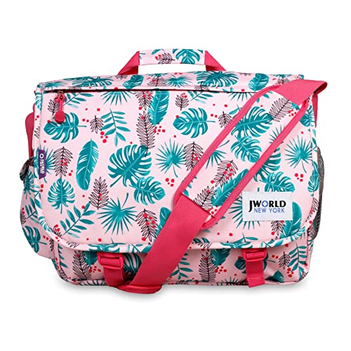 J World New York Thomas Laptop Messenger Bag for Women & Men. Kids Computer Bookbag - color: Palm Leaves