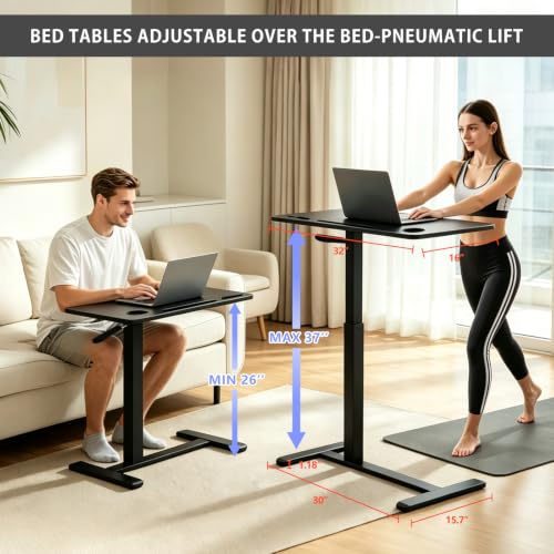 BeGyoku Overbed Table with Hidden Wheels, Pneumatic Height Adjustable Rolling Bedside Table, Hospital Home Use (Black) - color: Black