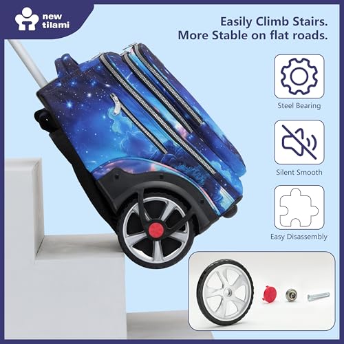 NEW TILAMI 20 Inch Rolling Backpack for School Stair-Climbing Big Wheel | Teen Boys Girls Carry-on Suitcase Large Organizer Compartment 15.6 Laptop Sleeve Adjustable Handle Roller Travel Bag College - color: Spacey Blue