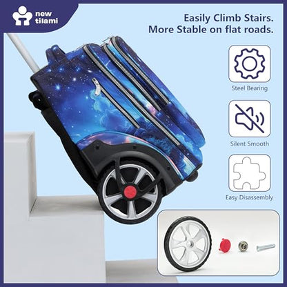 NEW TILAMI 20 Inch Rolling Backpack for School Stair-Climbing Big Wheel | Teen Boys Girls Carry-on Suitcase Large Organizer Compartment 15.6 Laptop Sleeve Adjustable Handle Roller Travel Bag College - color: Spacey Blue