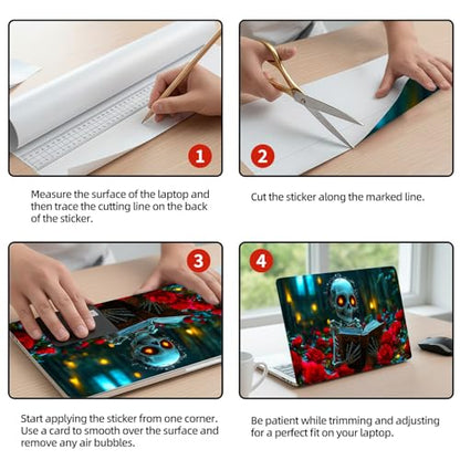 Universal Laptop Skin Sticker Decal, 12"-15.6" Aesthetic Vinyl Wrap, Skeleton Reading Book in Roses Waterproof Notebook Cover Art Protector for MacBook HP Dell Lenovo, Fits 13" 14" 15" 15.6" - color: Skeleton Reading Book in Roses