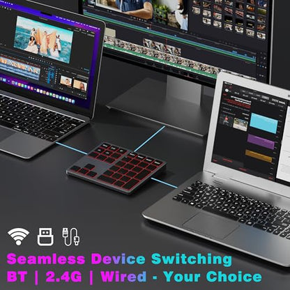 Doohoeek Tri-Mode Programmable Keyboard (BT/2.4G/Wired), Bluetooth Shortcuts Keyboard with 25 Custom Keys & Shortcuts Stickers & Backlit, Wireless Macro Keypad for Windows Graphic, Editing & Office