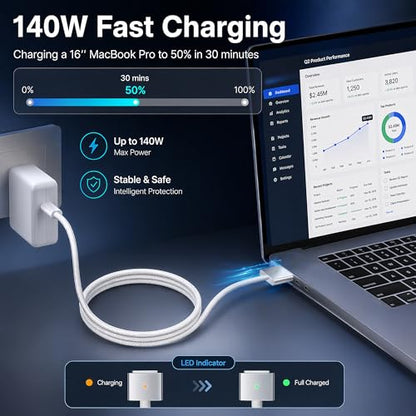 USB-C to Magnetic 3 Cable 6.6FT, 140W Charging Cable Compatible with MacBook Pro (16"/14" 2024/2023/2021), MacBook Air (15"/13" M4 2025, M3 2024, M2 2023, M2 2022) (Silvery)