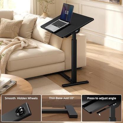 Mobile Standing Desk Adjustable Overbed Table, Pneumatic Height Adjustable Rolling Laptop Desk with Hidden Wheels, 0-180°Tilt Top Rolling Computer Cart Foldable for Home Office, Craft & Study, Black - color: Black, style: Fully Tiltable