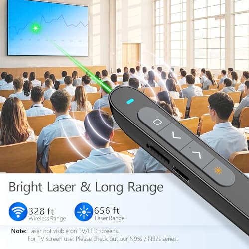 Bluetooth Presentation Clicker for PowerPoint, Wireless Presenter | ①Green laser pointer②Projector clicker③USB Powerpoint Clicker ④USB-C rechargeable slide clicker⑤Customizable Button⑥Bluetooth - color: Green - Rechg. - USB-A&BLE