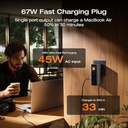 EF ECOFLOW RAPID Pro Power Bank with 67W Wall Plug, 10,000mAh 3-in-1 Portable Charger with Built-in USB-C Cable, 45W Fast Recharging, Travel Essentials for iPhone 17/16 Series, Galaxy, Laptops, and More