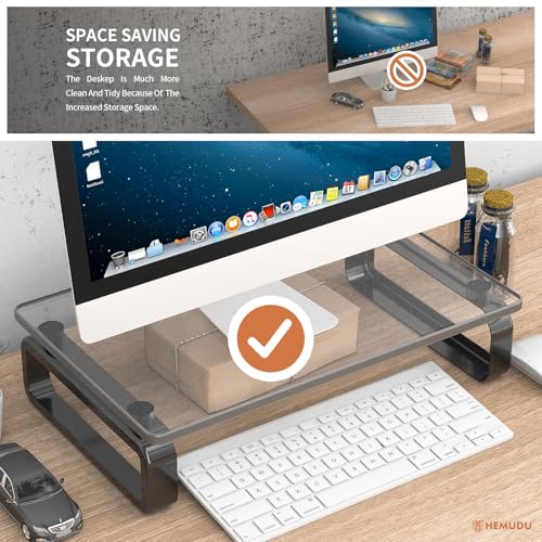 Hemudu Computer Monitor Stand Riser Multi Media Desktop Stand for Flat Screen LCD LED TV, Laptop/Notebook, with Tempered Glass and Metal Legs, Black HD02B-001U - color: black