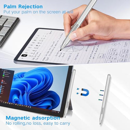 Stylus Pen for Microsoft Surface Pro12/11/10/9/8/X/7+/6/5/4/3, Surface Go 4/3/2/1, Surface Laptop1-5/Studio/Book 3/2/1 with Eraser Side Button,Palm Rejection,Tilt Function,1024 Pressure - color: Silver