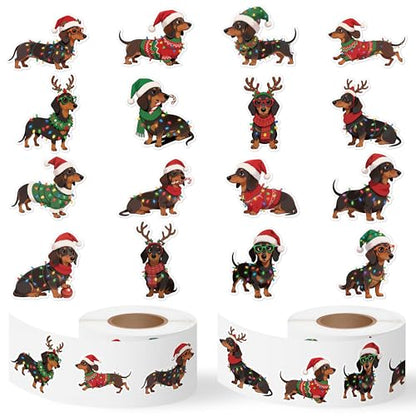 Haooryx Christmas Dachshund Sticker Roll - 1000 Pcs Cute Sausage Dog String Light Waterproof Vinyl Reusable Laptop Sticker Coloring Book Scrapbook Water Bottle Page Activity Pad Party Favor Skateboard - style: Christmas Dachshund