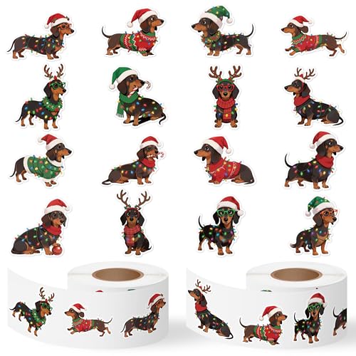 Haooryx Christmas Dachshund Sticker Roll - 1000 Pcs Cute Sausage Dog String Light Waterproof Vinyl Reusable Laptop Sticker Coloring Book Scrapbook Water Bottle Page Activity Pad Party Favor Skateboard - style: Christmas Dachshund