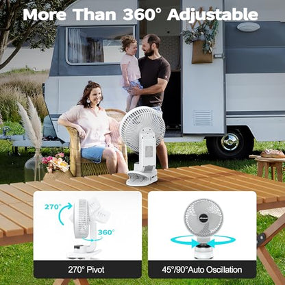 AMACOOL Battery Operated Camping Fan with Light, 20000mAh Rechargeable Clip on Fan with Hook & Digital Display, 112Hrs Running, 9 Speed, 360° Rotation Portable Small Fans for Tent Camping RV Travel - color: White