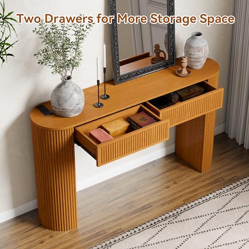 55" Fluted Console Table with 2 Drawers & LED Lights,Entryway Tables with Charging Station,Narrow Sofa Table Behind Couch,Mid-Century Modern Foyer Table for Entryway, Hallway, Living Room(Yellow Oak) - color: Yellow Oak