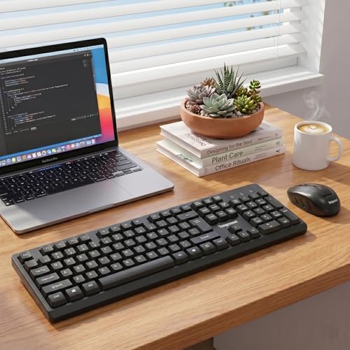 Black Wireless Keyboard and Mouse Combo, 2.4G Full-Size with Number Pad, Quiet Click, Plug & Play, Ergonomic, Compatible with Windows, Mac, Laptop, Desktop - for Home, Office, Students - color: T906-Black
