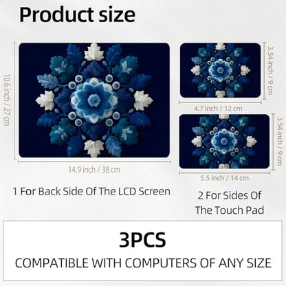 Navy Blue & White Leaf Mandala Universal Laptop Skin Sticker 3PCS, Protective Decal Trim-to-Fit 11.6" 13.3" 14" 15.6" Laptop Vinyl Cover, Removable Anti-Scratch Computer Decal Protector - color: Navy Blue & White Leaf Mandala