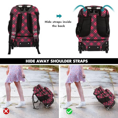 Tilami Rolling Backpack for Kids 18 inch Boys and Girls Laptop Backpack,Red grid - color: Red Grid