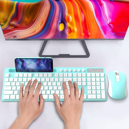 Wireless Keyboard and Mouse Combo, MARVO 2.4G Ergonomic Wireless Computer Keyboard with Phone Tablet Holder, Silent Mouse with 6 Button, Compatible with MacBook, Windows (Blue) - color: Blue
