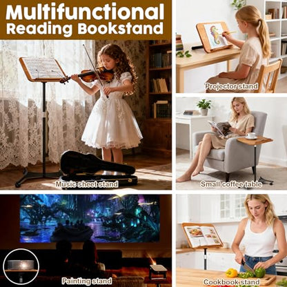 2 in 1 Dual-use Music Stand & Desktop Book Stand, Adjustable Height 16.5"-51", 100% Solid Wood Laptop Floor Stand Book Holder with Elastic Page Clips for Cookbooks (Brown-Wheeled) - color: Brown-wheeled