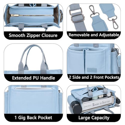 ZHMO Canvas Tote Bag for Women,Women's Bags Crossbody Bags Work Laptop Tote Bag Large Handbags Purse for Travel Nurse Teacher - color: New Upgrade Light Blue With Compartments and Side Cup Holders