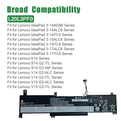 L20L3PF0 Laptop Battery Replacement for Lenovo IdeaPad 3-14ADA6 3-14ALC6 3-14ITL6 3-15ALC6 3-15ITL6 3-17ALC6 3-17ITL6 K14 S14 G2 ITL Series SB11B36276 5B11B36283 L20M3PF0 L20C3PF0 11.1V 45Wh