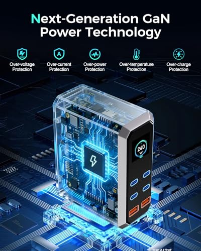 USB C Charger Block, 240W GaN USB C 6-Port Charger Station, Laptop Power PD Adapter with Touch Control and Color Display, Charging Station for MacBook, iPhone, Samsung, Laptop, iPad, Desktop, and More
