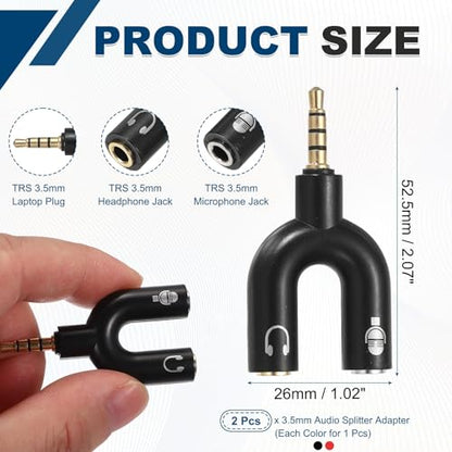 MECCANIXITY 2Pcs Headset Mic Splitter Adapter, 3.5mm Male to Dual Female Y Splitter Microphone and Audio Jack Adapter for PC Laptop Smartphone, Red/Black - color: Red/Black