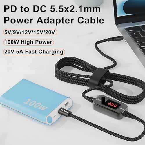 1m USB C to DC 5.5x2.1mm Adapter Universal Charger Supply 100W PD Trigger Power Converter Cable 5V/9V/12V/15V/20V Adjustable Voltage with LED Display,10 Power Plug Kit,for Laptops,Tablets