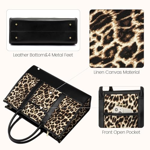 LOVEVOOK Laptop Bag for Women 17 inch Canvas Laptop Tote Bag， Large Professional Teacher Purse Lightweight Computer Bag Briefcase Business Office, Black Brown - color: Leopard-black, size: 17inch