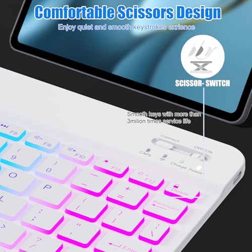Lightup Wireless Bluetooth Keyboard for iPad Air/Pro/Mini, iPad A17, A16, M2, M3, M4, M5, MacBook, Chromebook etc. Rechargeable Slim Portable, IOS Windows Android Lighting Tablets Keyboard - Black - color: White
