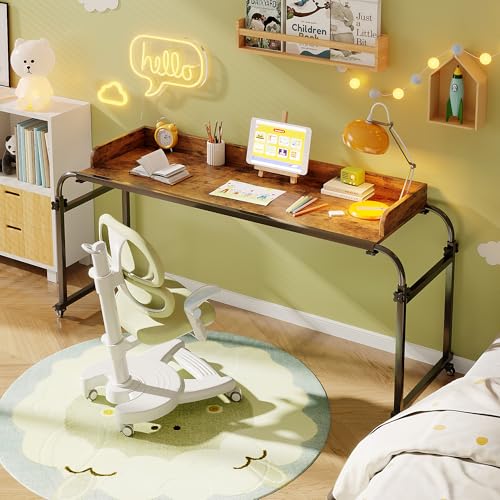LINGMI Kids and Adult Desk, Overbed Table with Wheels, Bed Desk Recliner Table Adjustable Height Laptop Table, Queen King Size Over The Bed Table with Metal Leg(Rustic Brown) - color: Rustic Brown