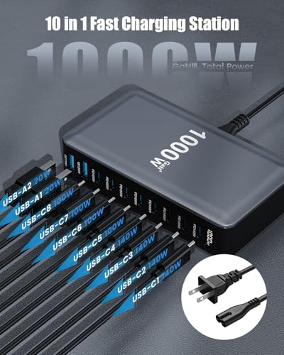 USB C Charger 1000W USB C Charger Block,Upgraded GaN IV 10-Port Charging Station Hub,Travel Essentials 140W Fast Charging Laptop Adapter for MacBook Pro/Air,DELL,Steam Deck,iPhone 17/16,Galaxy S25/24 - color: Black