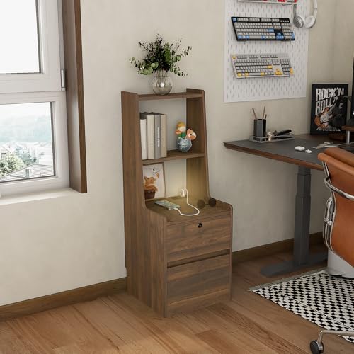 Modern Smart Nightstand with Night Light & Charging Station, Night Stand with Bookshelf, Lockable Bedside Cabinet Tables with 2 Storage Drawers for Bedroom Home Office - color: Wood