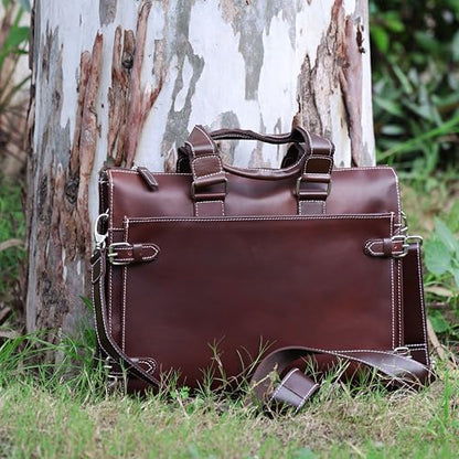 Leather Laptop Briefcase for Men - Classic Brown, 3 Zipper Pockets, 2 Spacious Compartments, Fits 16-inch Laptop (16x12x4 inches), Adjustable Strap