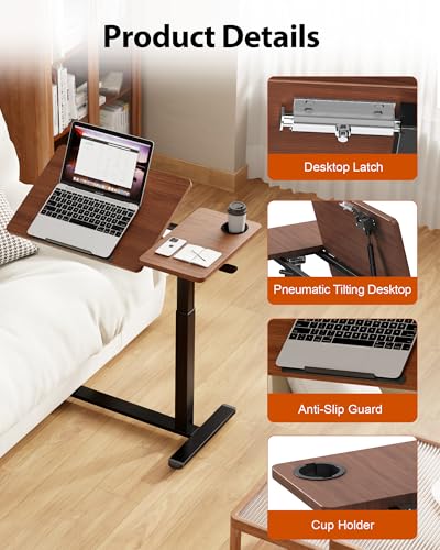 Overbed Table with Wheels, Pneumatic Lift, Foldable Top (Brown) | 0-70° Tilt Desktop Bedside Table, Hidden Casters,1.18 In Low-Profile Base Slides Under Beds and Sofas, Holds 88 Lbs - color: Brown