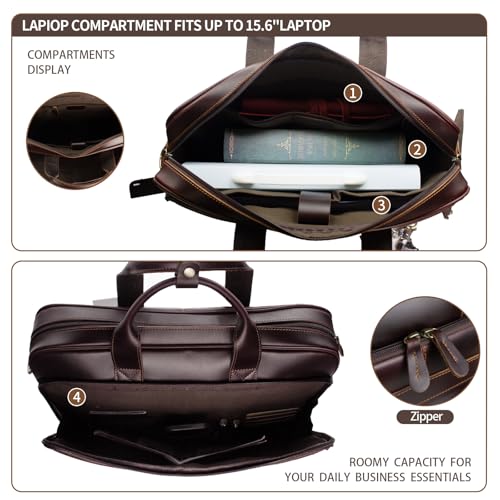 Jack&Chris Full Grain Leather Briefcase for Men, Business Messenger Bag Laptop Bag Attache Case, Fits 15.6 Inch Laptop - color: Mb005-update-red Coffee