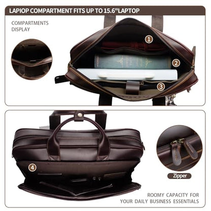 Jack&Chris Full Grain Leather Briefcase for Men, Business Messenger Bag Laptop Bag Attache Case, Fits 15.6 Inch Laptop - color: Mb005-update-red Coffee