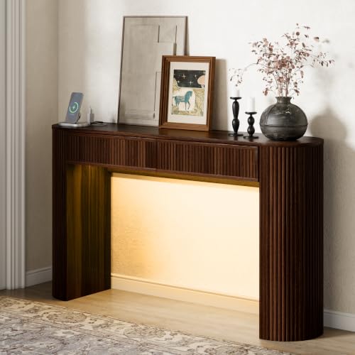 55" Fluted Console Table with 2 Drawers & LED Lights,Entryway Tables with Charging Station,Narrow Sofa Table Behind Couch,Mid-Century Modern Foyer Table for Entryway, Hallway, Living Room(Walnut) - color: Walnut