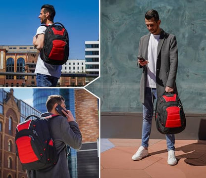 Swissdigital Design Men's Laptop Backpack for College and Business Travel with Integrated USB Charging Port and RFID Protection Fits 15.6" Laptops Black/Red | J14-41 - color: Black/Red