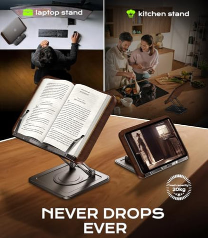 Book Stand for Reading, Adjustable Book Holder with 360°Rotating Bases, Ergonomic Cookbook Stand Recipe Book Holder with Elastic Page Clips for Magazines, Tablets, Laptops,Black - color: Black