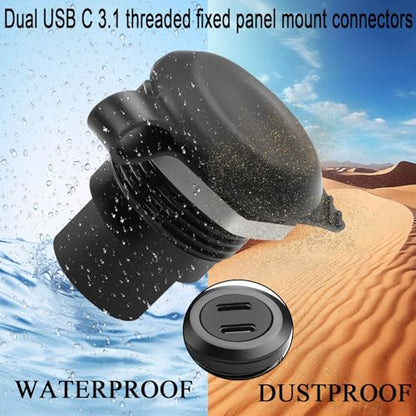 QIANRENON 10Gbps Dual USB C 3.1 Threaded Fixed Mount Adapter 2 Port USB Type C 3.1 Female to Female Embedded Panel Mount Circular Connector, Dust Cover, Installed in Dashboard Device Panel