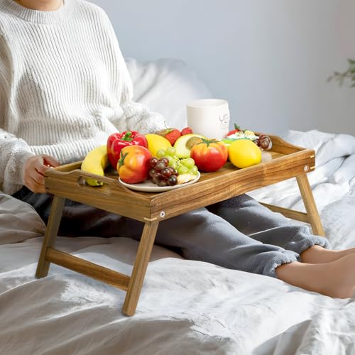 Utoplike Acacia Bed Tray for Eating, Breakfast Trays with Foldable Legs for Bed, Wood Folding Serving Table for Sofa - size: Medium