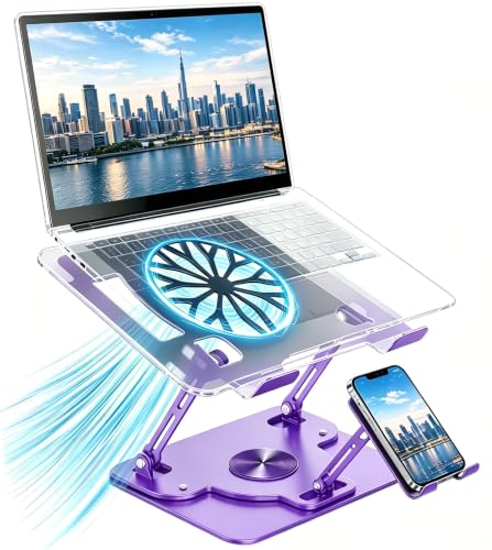 Laptop Stand for Desk with Quiet Cooling Fans - 360 Rotating Base Ergonomic Computer Stand, Aluminum Laptop Riser Foldable Protable for Office Home fits MacBook Air Pro, Dell, HP (10-17.3'') (purple) - color: purple