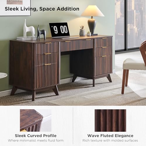 T4TREAM Fluted Executive Desk with Drawers, 60" Modern Home Office Computer Desk with Charging Station, File Cabinet, Keyboard Tray and Storage Cabinet for Study, Living Room, Bedroom, Dark Walnut - color: Walnut