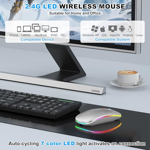 LED Bluetooth Wireless Mouse for MacBook Air Mac Pro Laptop iPad–Silver | Rechargeable Silent Light-Up Optical Mouse with Jiggler Dual Mode BT5.2 & USB-A/USB-C for Students Kids Girls Boys